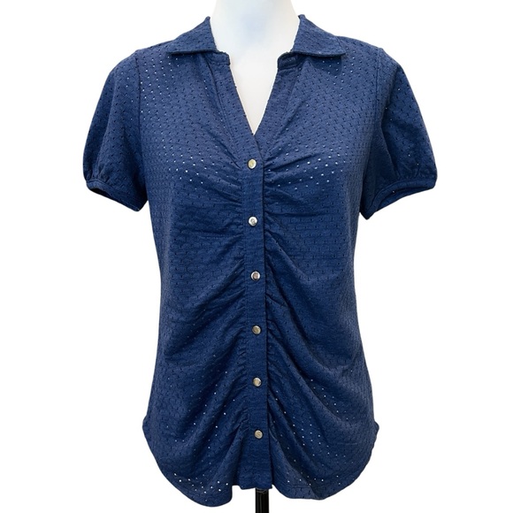 Single Thread Blue Eyelet Button Front Puff Sleeve Shirt Top Small NWT - Picture 1 of 13